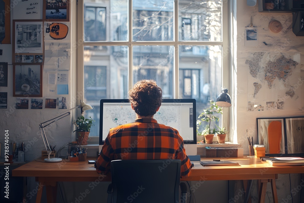 A person in a cozy workspace sits at a desk by a window, working on a computer surrounded by plants, posters, and inspirational decor.
A person in a cozy workspace sits at a desk by a window, working on a computer surrounded by plants, posters, and inspirational decor.
