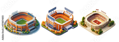 Modern sports stadiums collection featuring football and basketball arenas