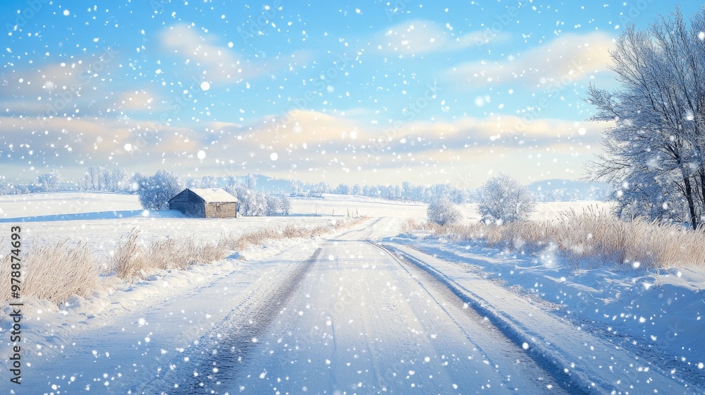 Snow-covered road with light snowflakes falling through the crisp air, framed by a serene blue sky and peaceful winter landscape. Snow-covered road with light snowflakes falling through the crisp air, framed by a serene blue sky and peaceful winter landscape.