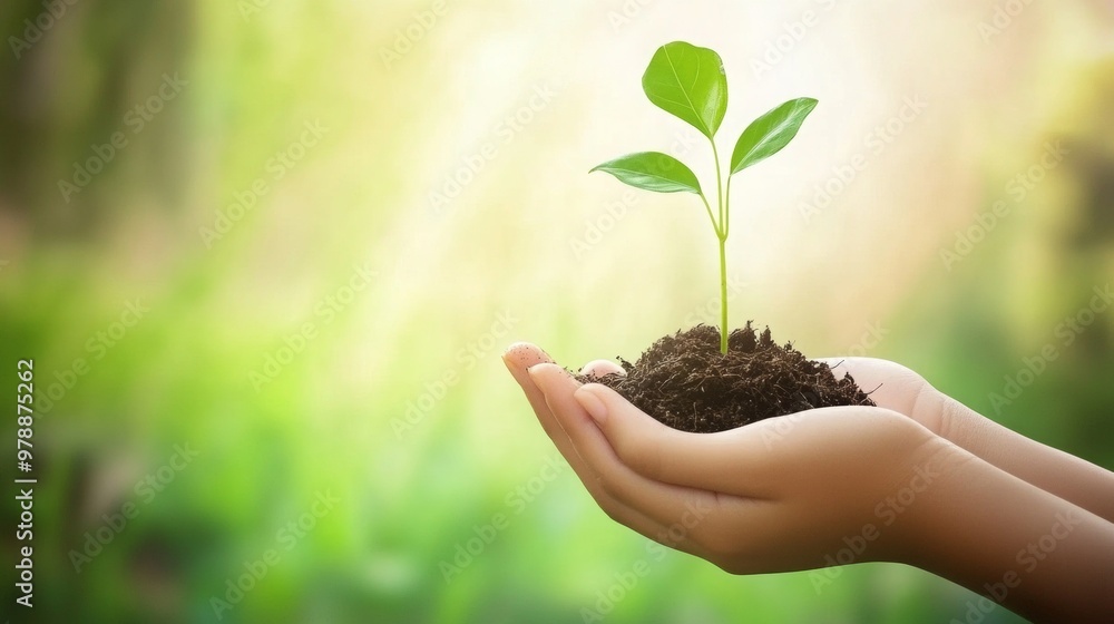 Create an image of a young, vibrant plant with green leaves sprouting from a clump of soil, cradled gently in the cupped hands of a person. Create an image of a young, vibrant plant with green leaves sprouting from a clump of soil, cradled gently in the cupped hands of a person.