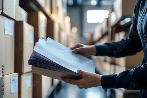 Obraz na płótnie A logistics coordinator organizing and preparing import clearance documents for overseas goods at a customs office, ensuring smooth import processes and compliance.
w salonie