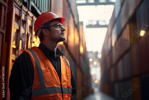 A procurement officer overseeing the unloading of cargo from a container ship at a busy shipping port, ensuring proper logistics and shipment handling.
 photo