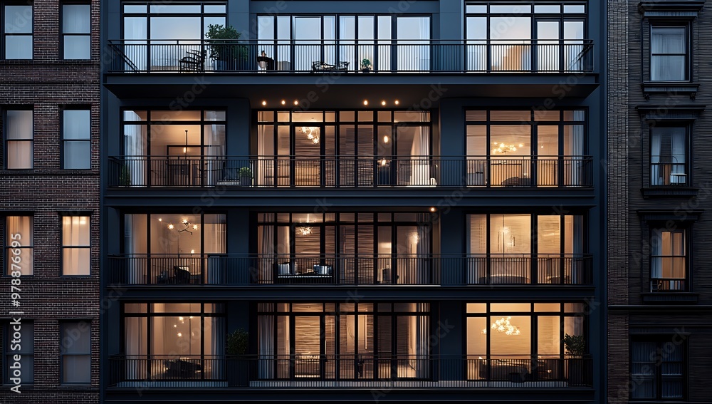 A dark brick building with large windows and balconies, lit up with warm light from inside. A dark brick building with large windows and balconies, lit up with warm light from inside.