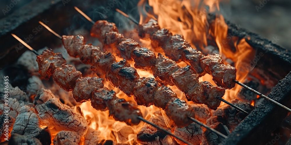 Juicy Grilled Kebabs Over Glowing Charcoal Flames in Outdoor Setting Juicy Grilled Kebabs Over Glowing Charcoal Flames in Outdoor Setting