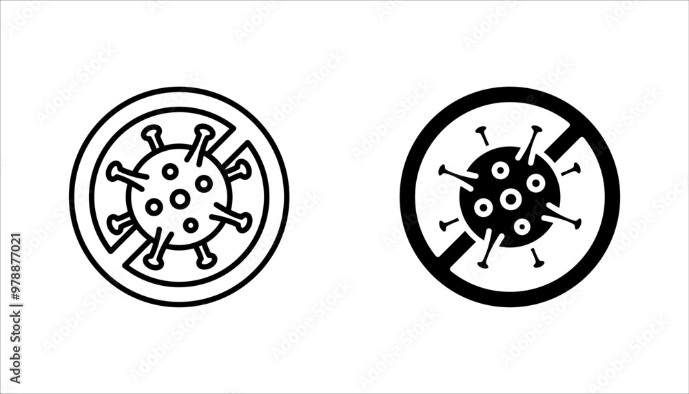 Fototapeta premium Antibacterial and antiviral defence set icon. Stop bacteria and viruses prohibition sign, vector illustration on white background
