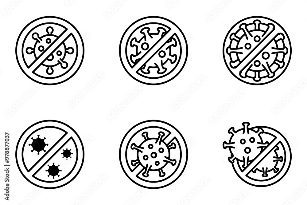 Naklejka premium Antibacterial and antiviral defence set icon. Stop bacteria and viruses prohibition sign, vector illustration on white background