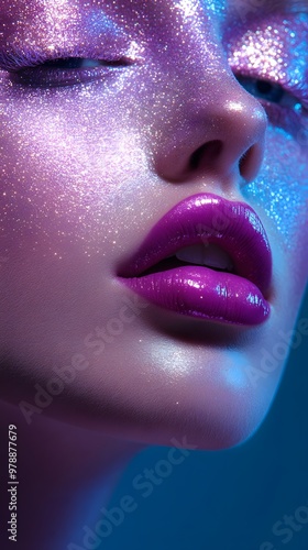 A close-up of purple glitter makeup on the face, with a bright blue background and gold details