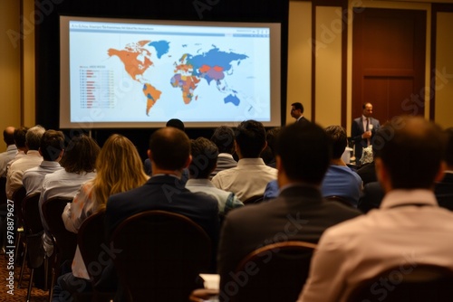 Wallpaper Mural At A Global Trade Seminar Watching A Presentation On Trade Agreements, With A Screen Showing Charts Torontodigital.ca