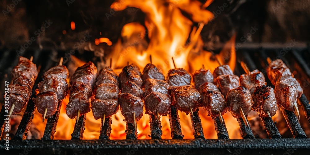 Juicy Meat Skewers Grilling Over an Open Flame on a Barbecue Grill Juicy Meat Skewers Grilling Over an Open Flame on a Barbecue Grill