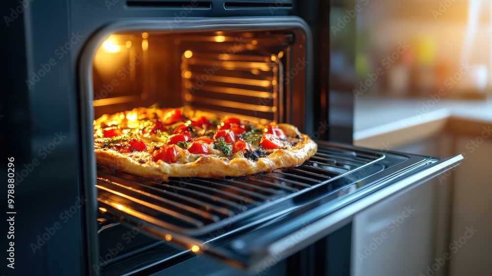 A pizza is in an oven with the door open A pizza is in an oven with the door open