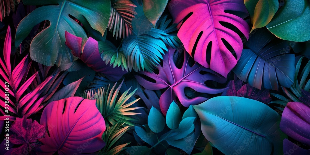 Vibrant Tropical Leaves in Neon Colors and Dark Background Vibrant Tropical Leaves in Neon Colors and Dark Background