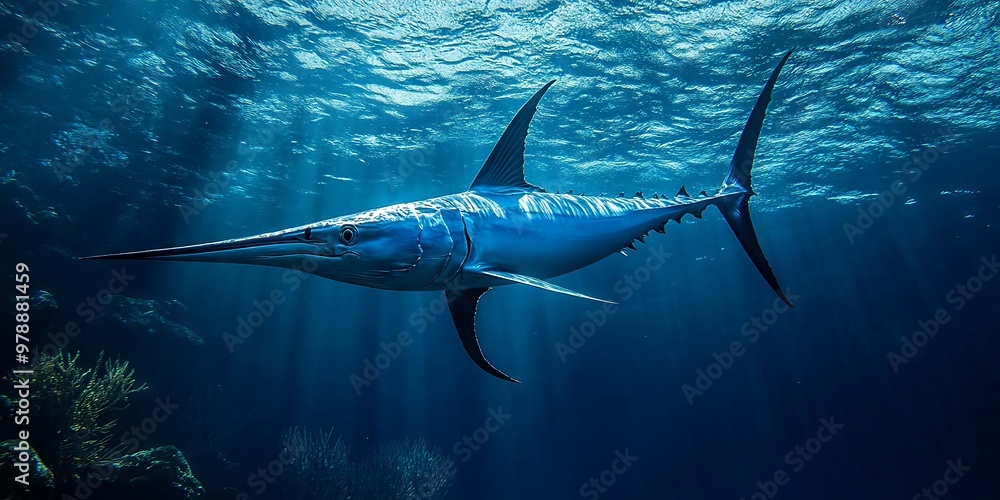 Obraz premium Graceful Swordfish Gliding Through Deep Blue Ocean Waters with Sunlight Beams
