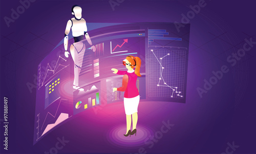 Virtual reality concept, girl analysis data or stats of a humanoid robot through VR glasses, responsive web template design.