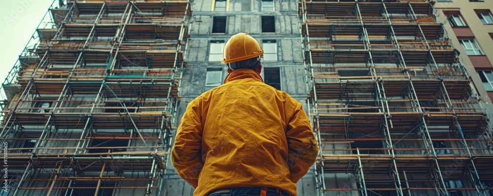 A construction worker in a yellow jacket observes an ongoing building project, showcasing teamwork and dedication in the industry. A construction worker in a yellow jacket observes an ongoing building project, showcasing teamwork and dedication in the industry.