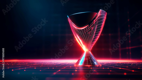 Geometric award trophy with angular lines and sharp metallic edges, floating above a digital grid background, representing technological achievement and innovation