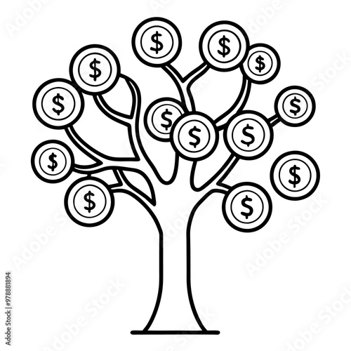 money tree with coins outline coloring book page line art drawing