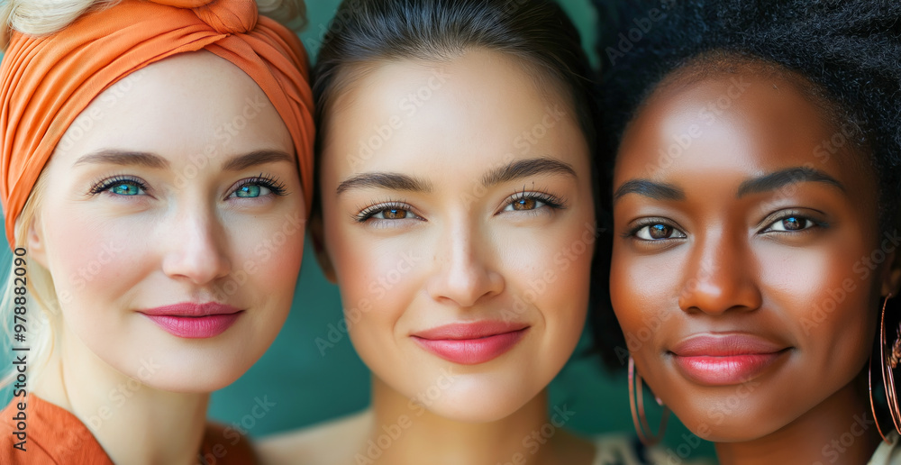 Portrait three adult diverse females beauty models, closeup faces. Beauty and makeup. Portrait three adult diverse females beauty models, closeup faces. Beauty and makeup.