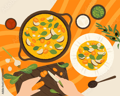Cooking soup process. Cartoon pots with vegetable ingredients on fire, healthy homemade meal preparation, vegan soup in pan. Vector flat illustration.eps