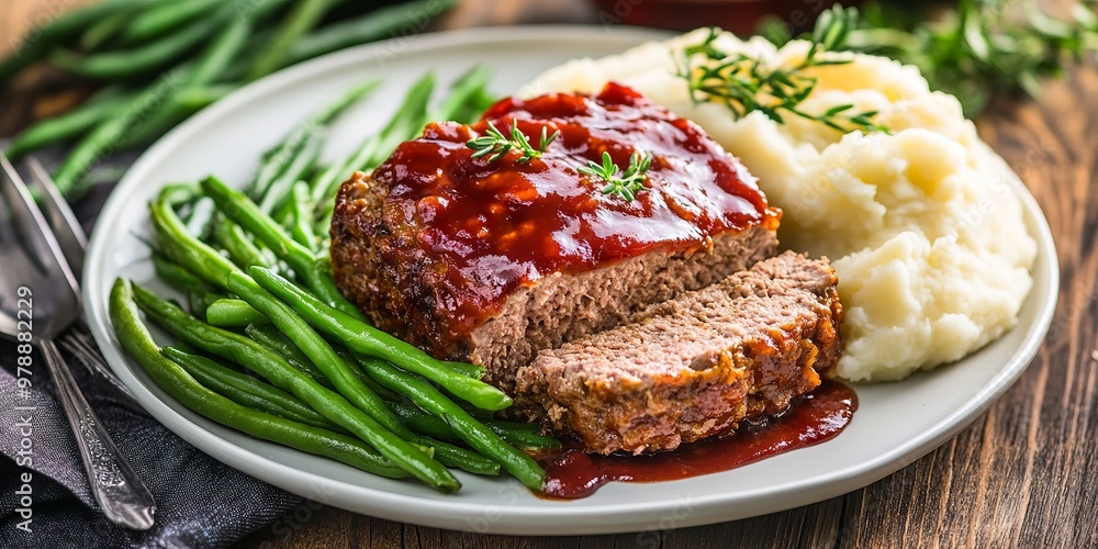 Sliced Meatloaf with Green Beans and Mashed Potatoes, Wooden Table Setting Sliced Meatloaf with Green Beans and Mashed Potatoes, Wooden Table Setting