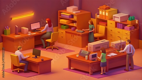 3D Illustration of a Modern Office Setting with Employees Working at Desks photo