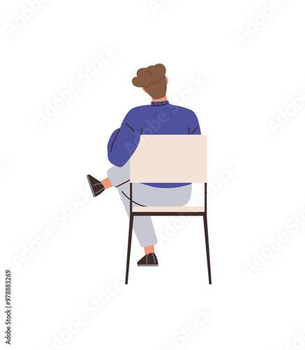 A person sits on a chair, facing away, in a relaxed pose wearing casual clothes. Ideal for lifestyle, comfort themes, introspection, solitude, casual living, modern life, simplicity. Minimalist