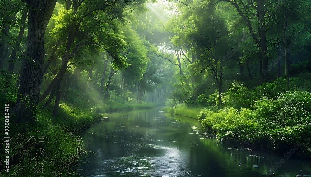 Obraz premium A river with trees and bushes dense forest