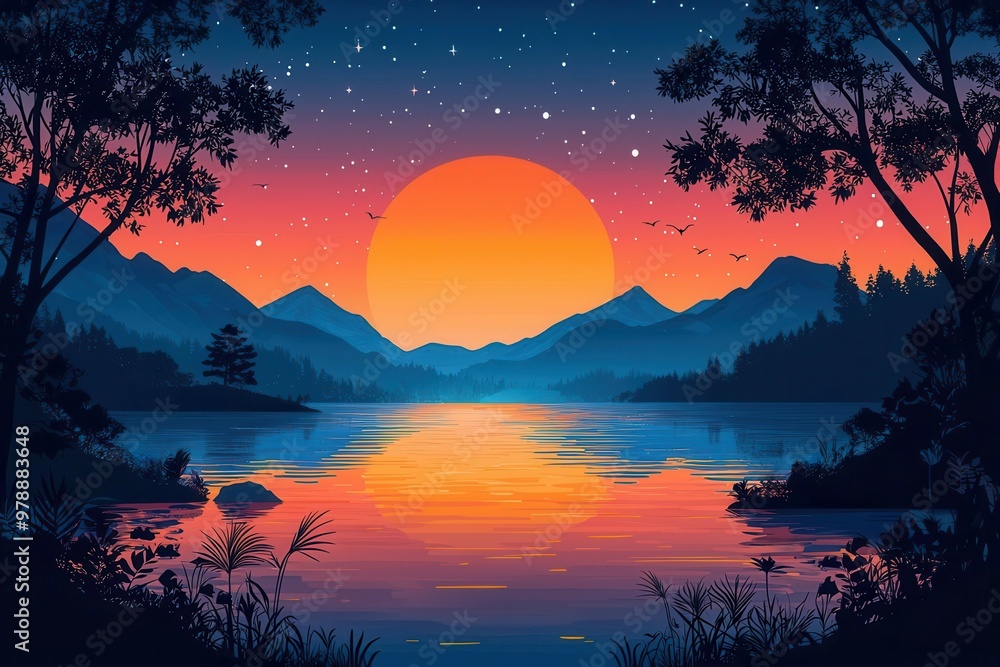 A stunning sunset over a tranquil lake, surrounded by mountains and trees, with a starry sky above.