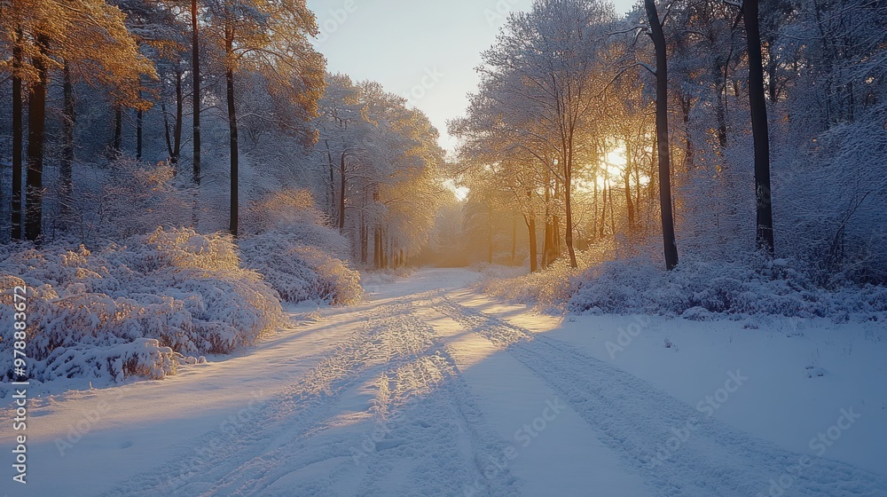 Obraz premium Snowy Forest Path at Sunset