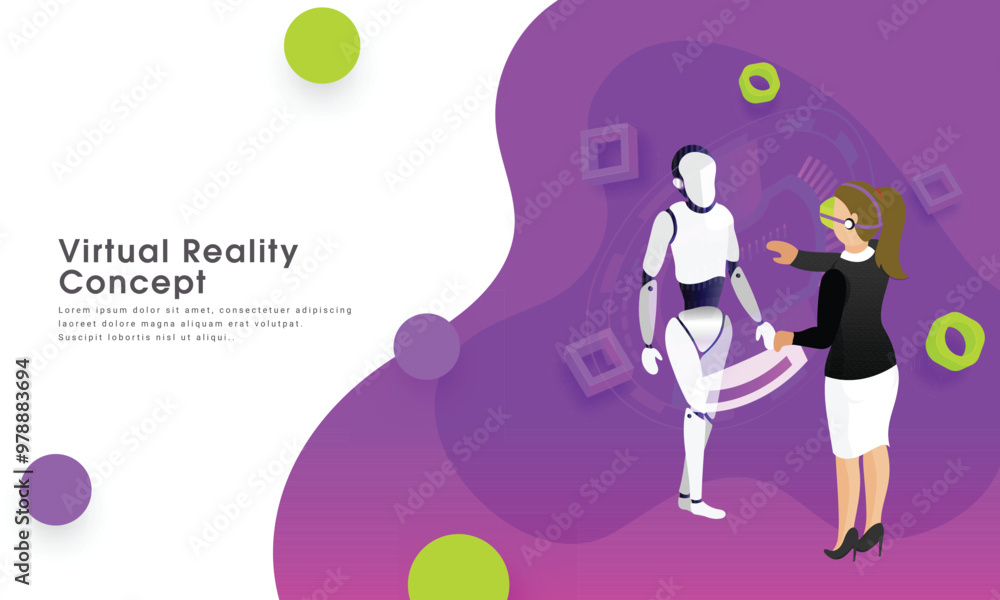 Responsive web template design, girl management data process of a humanoid robot through VR glasses for virtual reality concept.