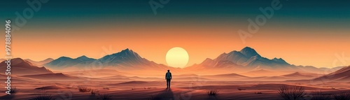 Silhouette of a person standing in a desert landscape with mountains and a setting sun.