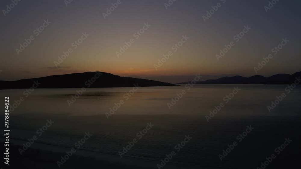 Aerial view of shawbost beach at sunset with waves and a serene horizon, seilebost, scotland. Aerial view of shawbost beach at sunset with waves and a serene horizon, seilebost, scotland.
