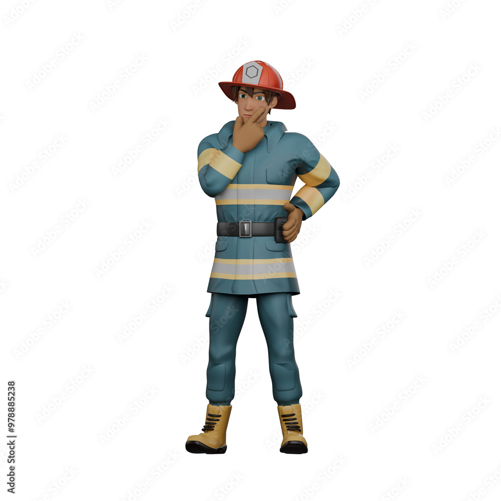 Animated Male Firefighter. A firefighter stands with his right hand on his chin while his left hand is on his waist. 3D Emergency Professional Animated Male Firefighter. A firefighter stands with his right hand on his chin while his left hand is on his waist. 3D Emergency Professional