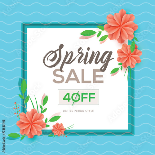 Spring sale template or poster design with discount offer and decorative paper flowers.