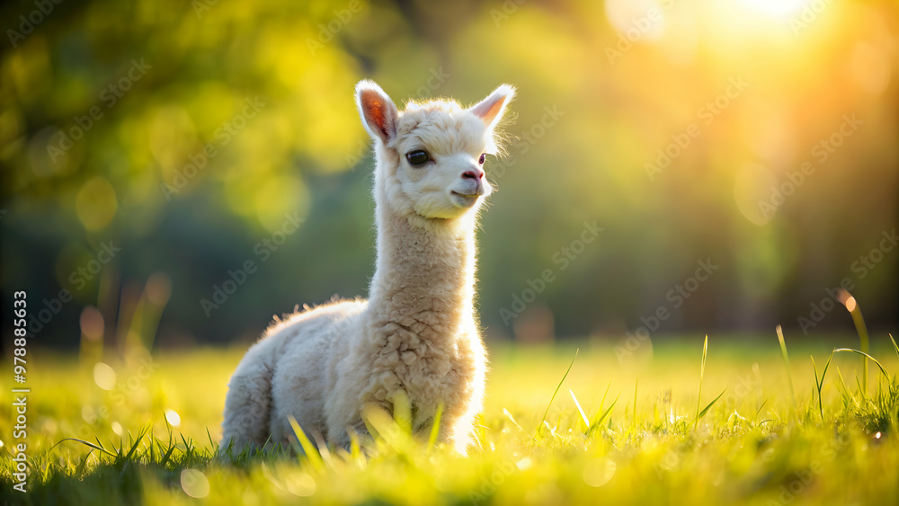 Fototapeta premium Adorable baby alpaca sitting in a sunny field , alpaca, cute, fluffy, animal, baby animal, farm, sweet, young, fur