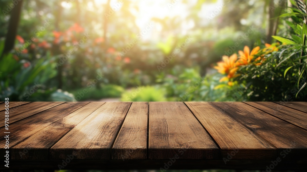 Empty wood table counter on copy space blur garden background. Empty wood table counter on copy space blur garden background.