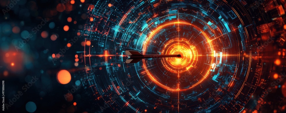 A vibrant digital abstract featuring a glowing target and an arrow, symbolizing precision and focus in a futuristic design. A vibrant digital abstract featuring a glowing target and an arrow, symbolizing precision and focus in a futuristic design.