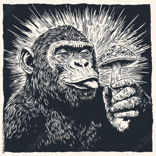 A surreal vector illustration of a monkey holding a mushroom, depicted in an engraving style.