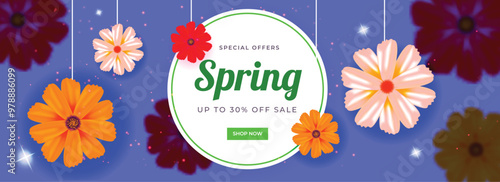 Header or banner design decorated with colorful flowers and discount offer for Spring Sale.