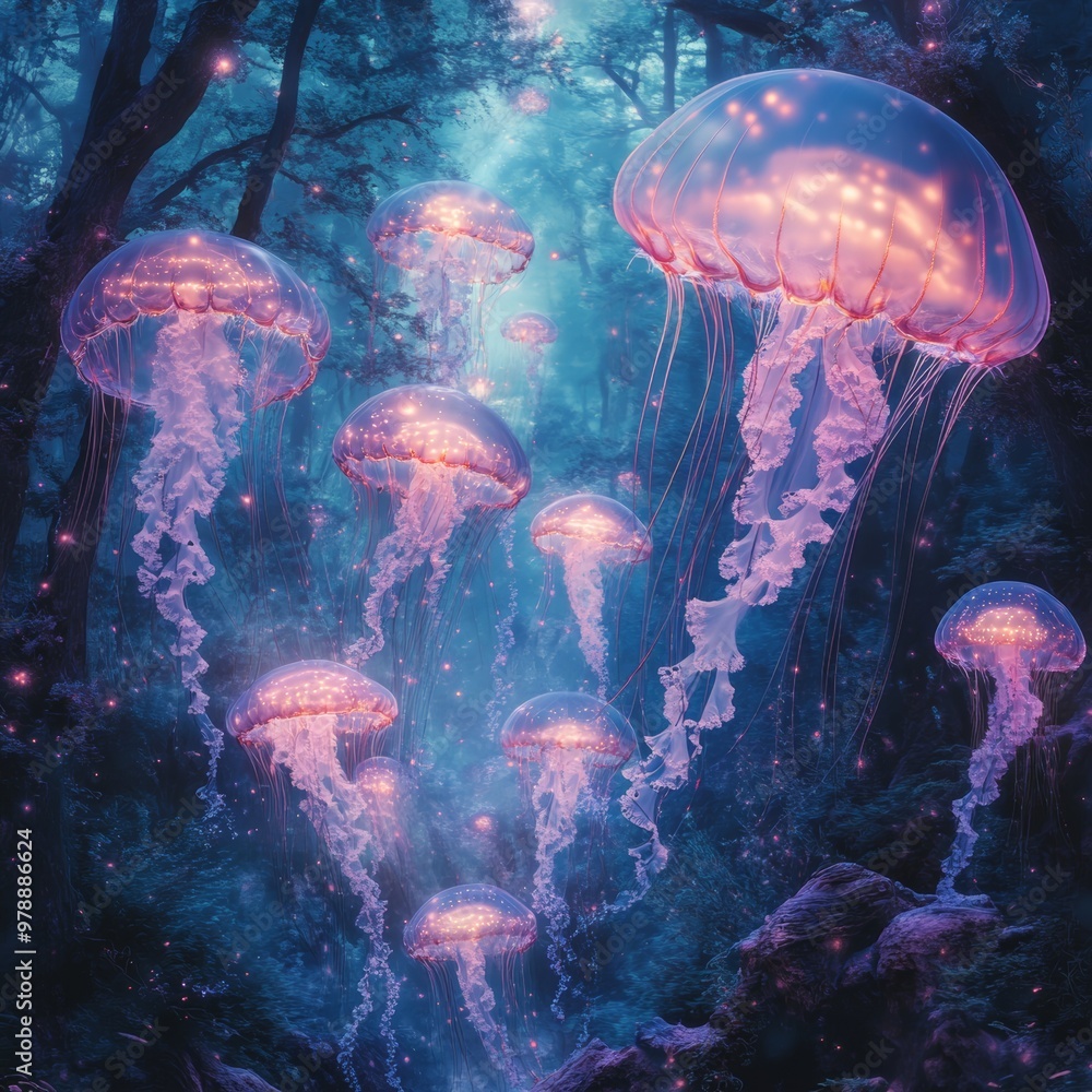 Obraz premium Glowing Jellyfish in Enchanted Forest