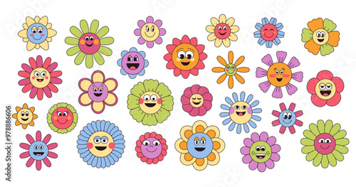 Groovy flower cartoon characters. Cute retro 60s 70s floral abstract characters, psychedelic cute funky daisy hippie flowers. Vector isolated set.eps
