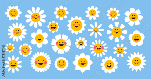 Groovy daisy flowers. Cartoon cute chamomile icons with funny faces and different emotions, positive comic floral blossom plants. Vector set.eps