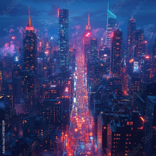 Wallpaper Mural Neon Cityscape   Nighttime Aerial View of Skyscrapers and Streetlights Torontodigital.ca