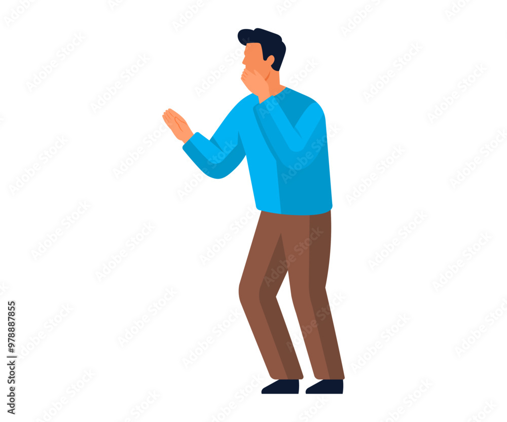 A person in a blue sweater and brown pants displays a surprised reaction. Ideal for themes of emotion, expressions, reactions, surprise, and communication. Simple, clean, vector A person in a blue sweater and brown pants displays a surprised reaction. Ideal for themes of emotion, expressions, reactions, surprise, and communication. Simple, clean, vector