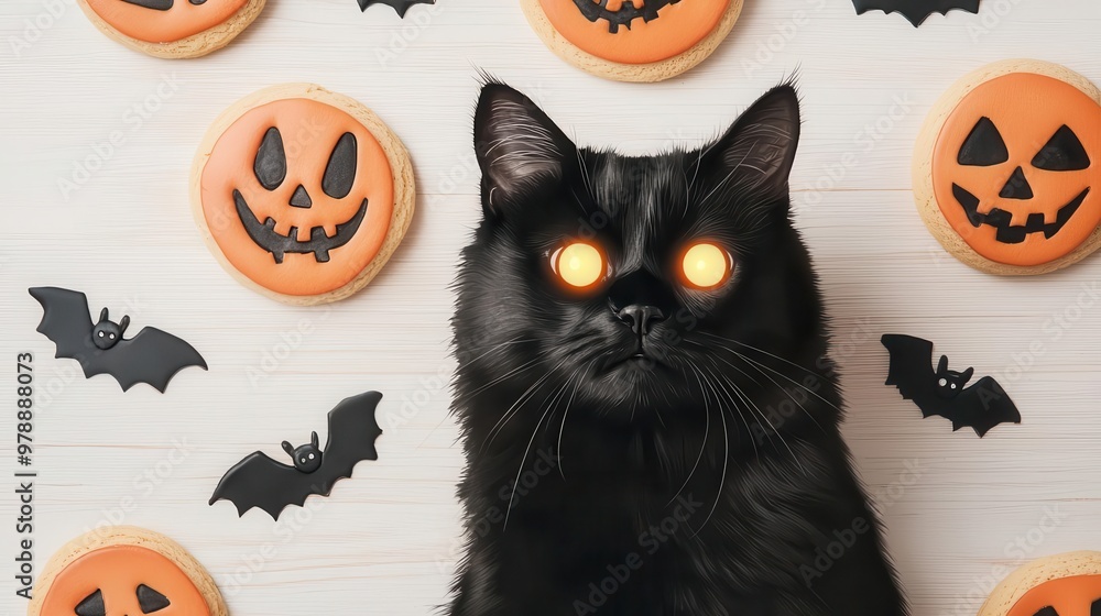 Black cat with glowing eyes among Halloween cookies, spooky lighting, Watercolor style Black cat with glowing eyes among Halloween cookies, spooky lighting, Watercolor style