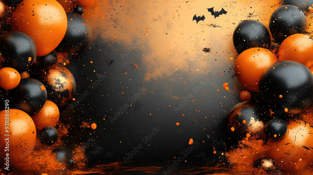 Naklejka premium balloons, pumpkins, bats on blank wall background, empty space in the middle, halloween, holiday decor, decorative ornaments, celebration, wallpaper, postcard, interior design, autumn, october 31