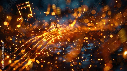 An enthralling image showcasing golden musical notes flowing on a dynamic background filled with sparkles, highlighting the excitement and vivacity of musical expression and creativity.