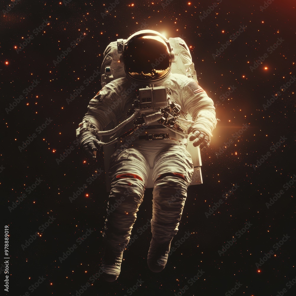 Fototapeta premium Astronaut Floating in Space with Stars and Glowing Lights