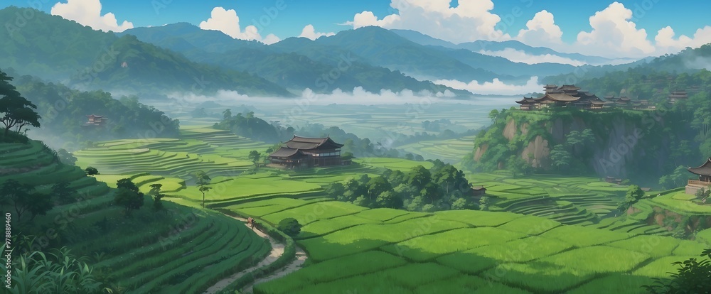 landscape beauty hill and terrace rice fields with cloudy blue sky illustration landscape beauty hill and terrace rice fields with cloudy blue sky illustration