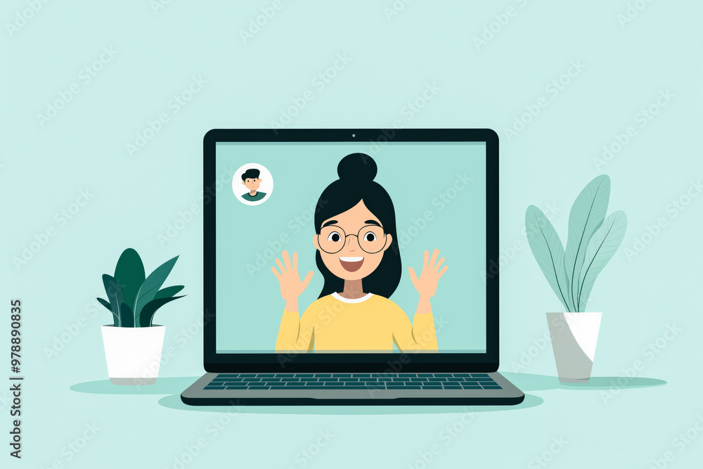 Online meeting. Video call. Freelancing, teleworking or e-learning. Modern remotely communication. Illustration female person on the screen of laptop. Online meeting. Video call. Freelancing, teleworking or e-learning. Modern remotely communication. Illustration female person on the screen of laptop.