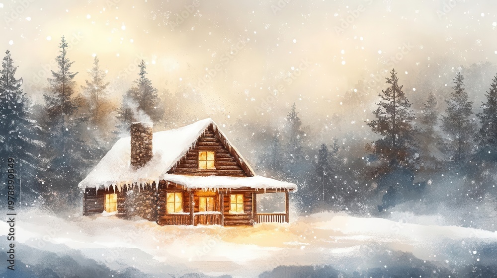 Cozy cabin in snowy forest with warm light glowing from window Cozy cabin in snowy forest with warm light glowing from window
